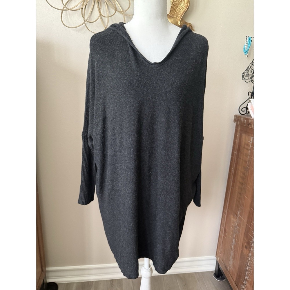 Eileen Fisher S/M Black Hooded Tunic Sweater Viscose Blend Oversized Knit